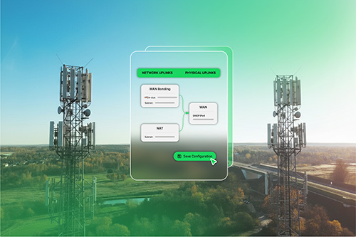 Zwei 5G T&uuml;rme mit einem WAN Bonding UI Overlay
