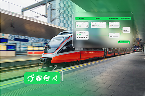 Zug f&auml;hrt in Bahnhof ein und hat modernes UI overlay f&uuml;r die netzwerkverwaltung