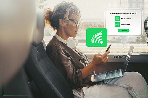 Frau im Zug ist mit WLAN verbunden und nutzt Handy und Laptop