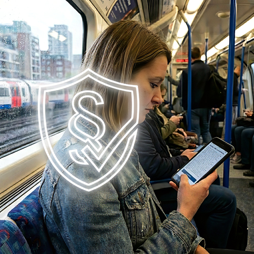 Frau im Zug akzeptiert Terms and Conditions auf ihrem handy